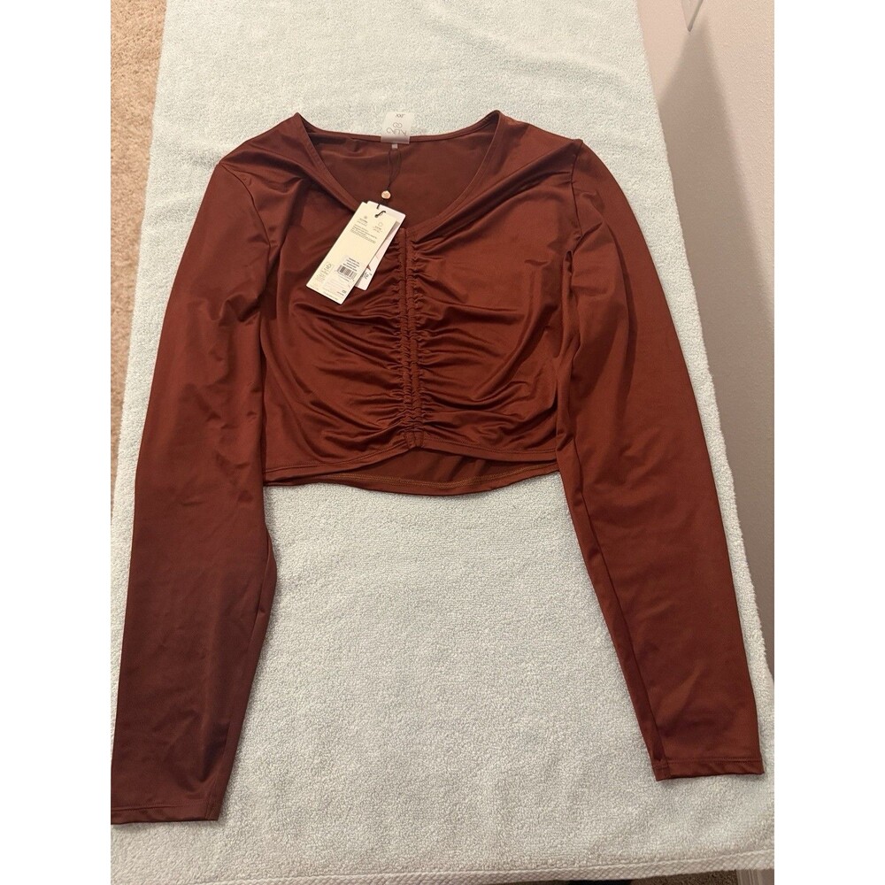 CALIA Womens Long Sleeve Ruched Swim Rash Guard XXL Red Brown Shine $58 MSRP NWT